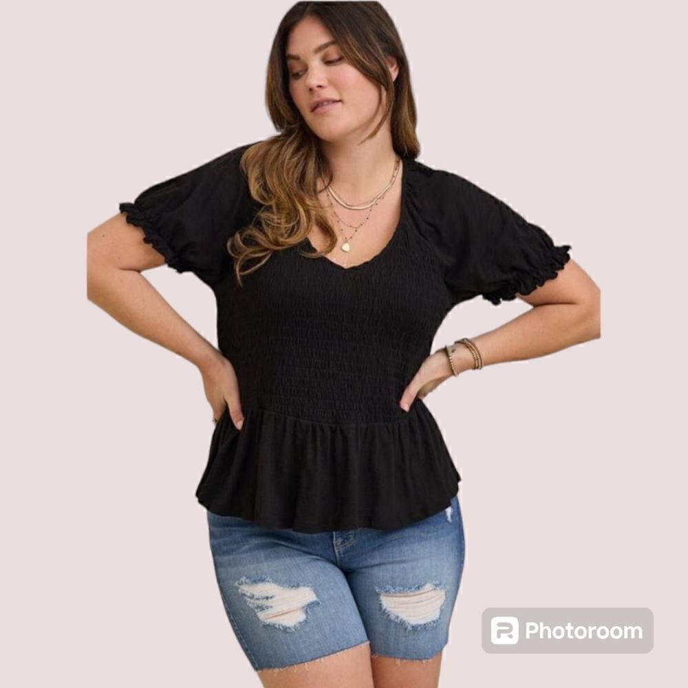 5X 28W Torrid Black Cotton Babydoll Tee Smocked Cotton Modal Peplum Stretch v ne
